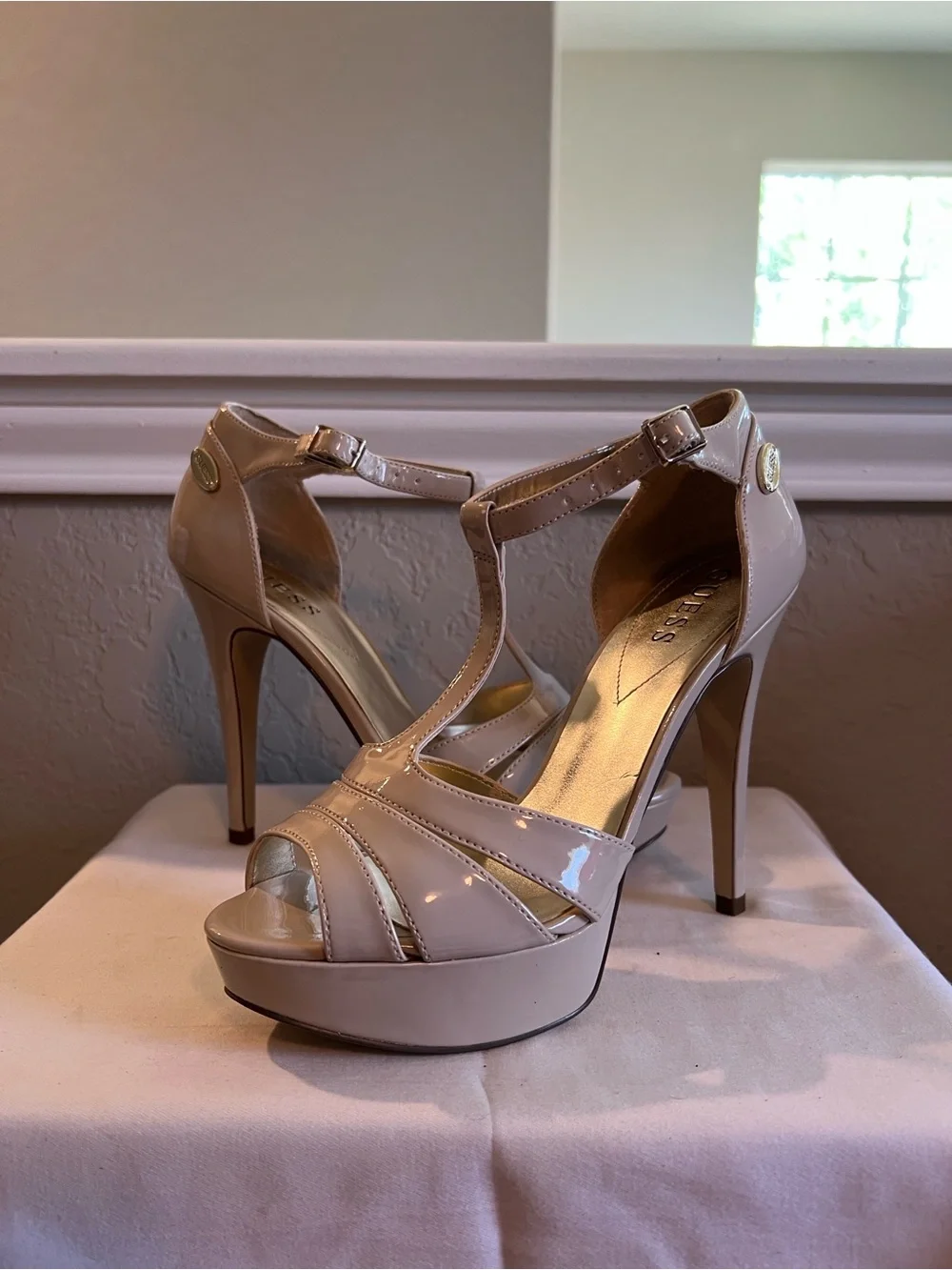 Guess Patent Leather T-Strap Platform Sandals in Nude
